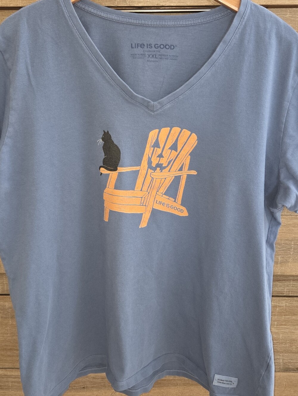 Life is Good Womens Halloween T-Shirt Black Cat Pumpkin Adirondack Chair XXL